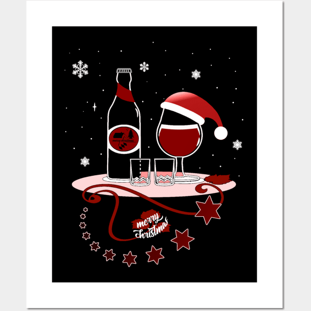 A glass of wine with a Santa hat - Funny place setting Wall Art by amarth-drawing